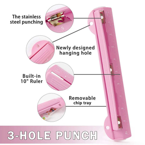 Pink 3 Hole Binder Punch, Compact Desk Tool With 5 Sheet Capacity, includes 10 Inch Ruler, Paper Chip Tray, and Paper Line Up Guide