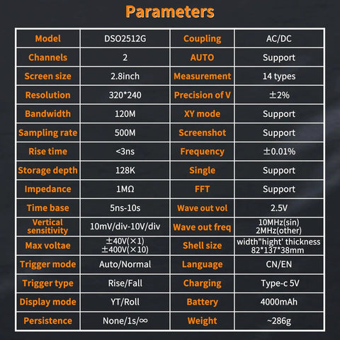 Specifications chart for Dual Channel Handheld Digital Oscilloscope Kit With Two Point Eight Inch TFT Display 120 MHz Bandwidth