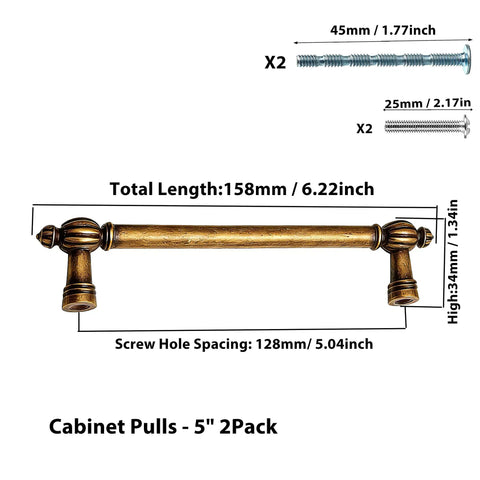 Old School Vintage Antique Brass Cabinet Pulls 2 Pack 5 Inch Brushed Bronze Drawer Handles 128mm Center To Center with screws