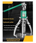 Beefy 10 Ton To 20 Ton Hydraulic Three Jaw Bearing Puller With Integrated Lateral Split Arms Built For Quick Weekend Projects And Rock Solid Stuck Bearing Extractor Tool, featuring a green hydraulic pump and three jaws.
