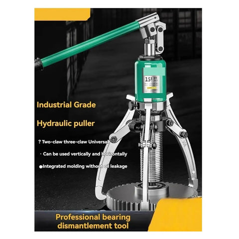Beefy 10 Ton To 20 Ton Hydraulic Three Jaw Bearing Puller With Integrated Lateral Split Arms Built For Quick Weekend Projects And Rock Solid Stuck Bearing Extractor Tool, featuring a green hydraulic pump and three jaws.