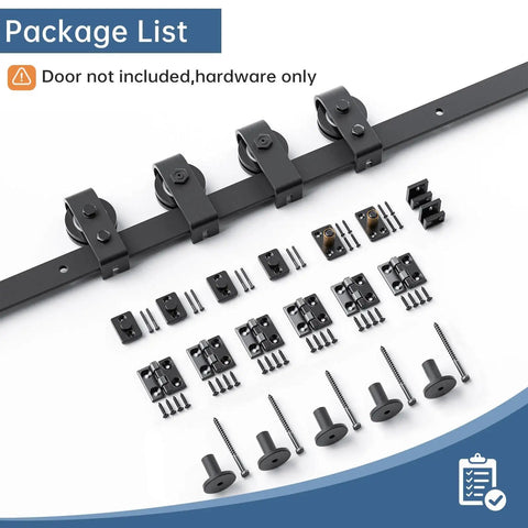 Heavy Duty Bifold Sliding Barn Door Hardware Track Kit With Hassle Free Mount And Silky Smooth Glide, Sweet Solution For Cramped Spaces, Black Supports Four Doors, includes track and hardware components.