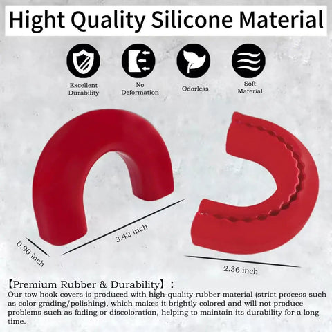 Red Tow Hook Cover for 2015-2026 Chevy Colorado Trail Boss and 2015-2022 GMC Canyon, showing size and material details