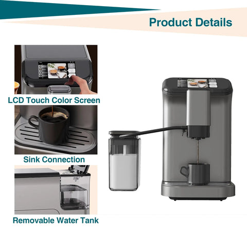 Level Up Your Daily Grind With This Fully Automatic Espresso Machine Featuring A Built In Grinder Dual Boiler Heating Premium Milk Frother And Smart Touch Panel For Six Quick Barista Shots In Sleek Gunmetal with LCD touch screen and removable water tank.