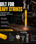 Close-up of 12 Piece Punch and Chisel Set Built Tough With Heat Treated CR-V Steel Tools Being Hit by Hammer, No Deformation