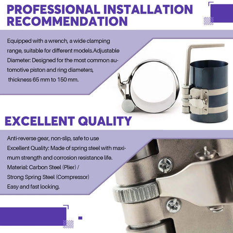 Piston ring compressor and installation tool kit with adjustable metal band, wrench, and stainless steel feeler gauge