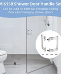 Genuine Grade Chrome Shower Door Handle Replacement Set For Sliding And Swinging Doors M 6158 mounted on glass doors in bathroom.
