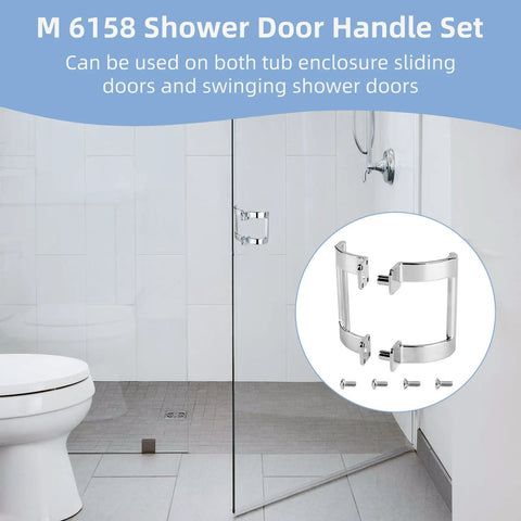 Genuine Grade Chrome Shower Door Handle Replacement Set For Sliding And Swinging Doors M 6158 mounted on glass doors in bathroom.