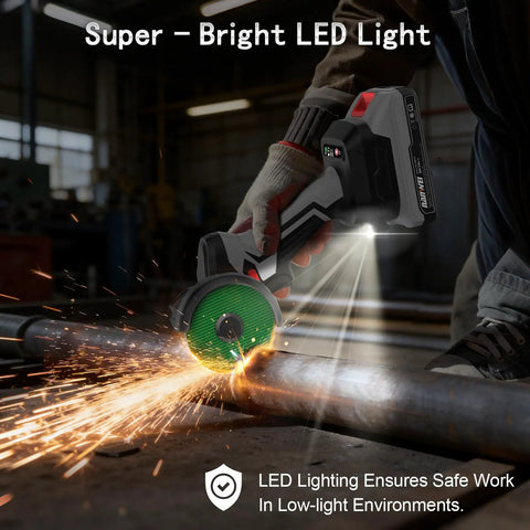3 Inch Cordless Brushless Angle Grinder With LED Light in use cutting metal pipe, super bright LED lighting