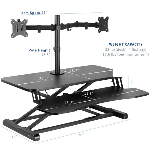 32 Inch Height Adjustable Desk Riser With Dual Monitor Stand For Two 13 To 30 Inch Screens Sit Stand Desk Converter Black