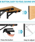 Solid 10 Inch Collapsible Shelf Brackets Built Tough With Brushed Stainless Steel Wall Mount Hinge For Bench Table Space Saving DIY Setup White 2 Pack Holds 150 Lbs Like A Champ folding mechanism illustration with button press action.