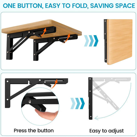 Solid 10 Inch Collapsible Shelf Brackets Built Tough With Brushed Stainless Steel Wall Mount Hinge For Bench Table Space Saving DIY Setup White 2 Pack Holds 150 Lbs Like A Champ folding mechanism illustration with button press action.