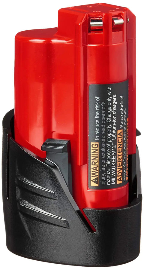 RedLithium M12 12V 1.5Ah Compact Lithium Battery With Overload Protection For Cordless Tools in charging dock, side view.