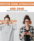 Woman wearing Bluetooth Hearing Protection Headphones With FM Radio 29dB NRR Noise Canceling Wireless Headset, effective noise attenuation.