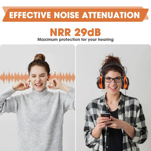 Woman wearing Bluetooth Hearing Protection Headphones With FM Radio 29dB NRR Noise Canceling Wireless Headset, effective noise attenuation.