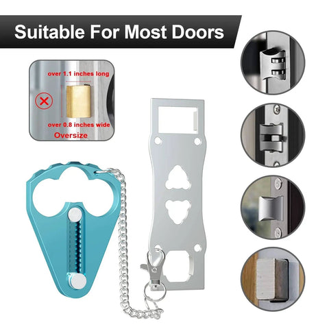 Portable Door Lock For Hotel And Apartment Security Heavy Duty Aluminum And Stainless Steel Travel Latch Bolt Easy To Install On Door Prevent Unauthorized Entry And Keep Your Privacy While On The Go Blue, showing components and door compatibility