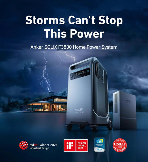 SOLIX F3800 Portable Power Station displayed with stormy background and awards, illustrating its strength against power outages.