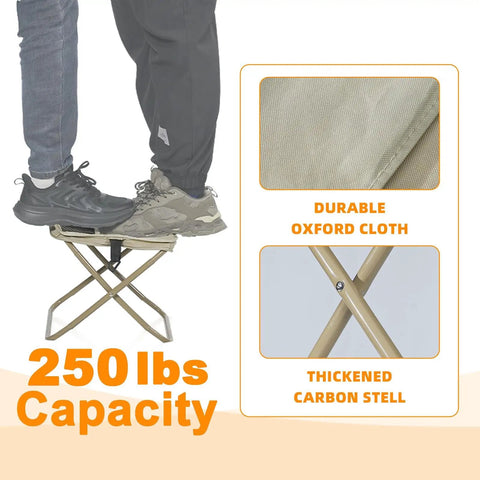 Ultra Portable 11.5 Inch Collapsible Camping Stool With Two Side Pockets supporting 250 lbs, oxford cloth and carbon steel frame