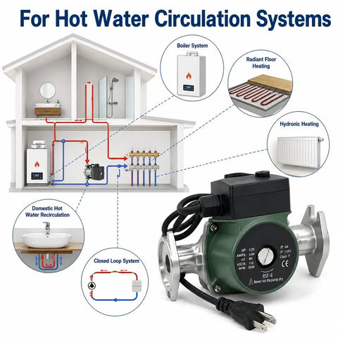 Badgeass Heavy Duty Hot Water Circulator Pump Compatible With 008 Sf6 Models For Hydronic Heating Systems, showing installation in home plumbing.