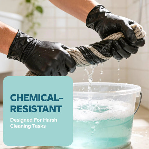 Heavy Duty Black Nitrile Gloves 6 Mil Thick, Powder Free Latex Free, Textured Fingertips in use while wringing mop.