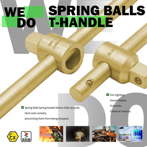 Heavy Duty Aluminum Bronze Non Sparking Socket Set Ratchet T Handle Flex Extensions Die Forged with spring-loaded detent balls.