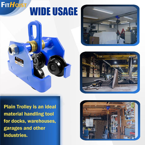 Handy Manual Push Beam Trolley 1/2 Ton Capacity, 1100 Lbs, Heavy Duty Steel, Quick-Adjust for I-Beam Flange, used in various settings