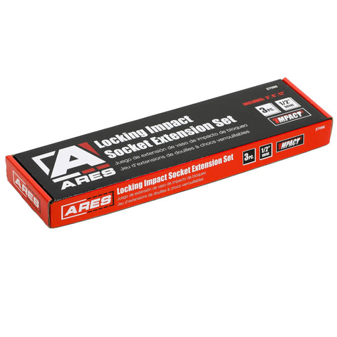 Long Reach Three Eighths Inch Drive Socket Extension Set box with product details in black and red packaging