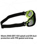 Badass Anti Fog Coating Keeps Your Safety Gear Sleek And Clear Through Twenty Five Water Washes While Providing Bulletproof Scratch Shield For Any Hard Hat Hustle - angled view of anti fog safety glasses with TPE gasket and strap.