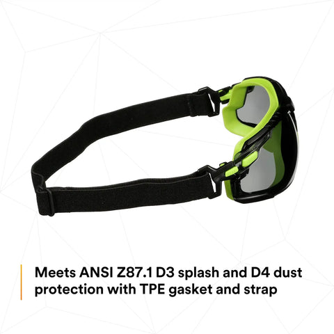 Badass Anti Fog Coating Keeps Your Safety Gear Sleek And Clear Through Twenty Five Water Washes While Providing Bulletproof Scratch Shield For Any Hard Hat Hustle - angled view of anti fog safety glasses with TPE gasket and strap.