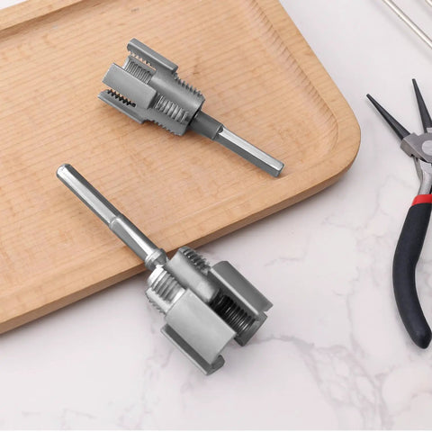 2 Pcs Pipe Threading Tool Kit For Electric Drill Cut Internal And External Threads On 1/2 Inch And 3/4 Inch Npt PVC Steel Pipe Fast Easy Professional Plumbing Hack on a wooden tray.