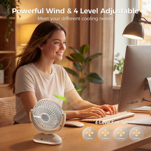 Compact Desk Fan On The Go Quiet Rechargeable Mini Fan with 4 Speeds LED Display on desk next to woman working
