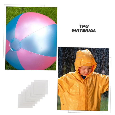 20 Piece TPU Repair Patches For Inflatable Gear And Swim Tents No Fuss Sticky Self Adhesive Transparent Patches For Quick Leak Fixes And Seam Repairs On Boats Pools Rafts And Other Air Cushioned Gear with beach ball and child in raincoat images