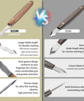 Comparison of Heavy Duty Long Neck Marking Knife for Woodworking models 955M and 955K with features highlighted.