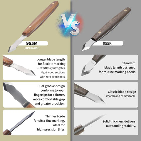 Comparison of Heavy Duty Long Neck Marking Knife for Woodworking models 955M and 955K with features highlighted.