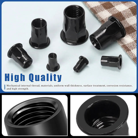 250 Piece Threaded Rivet Nuts Set M3 Through M12 Half Hex Head Black Zinc Plated Carbon Steel Flat Head Rivnuts Built Tough