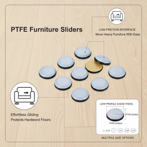 Image of PTFE Furniture Sliders For Hardwood Floors Tile And Laminate Low Profile Heavy Duty Movers showing low-profile design and sizes.