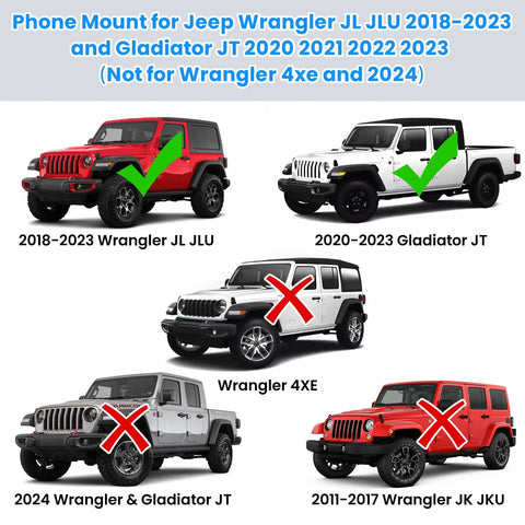 Jeep models compatible with Rugged Aluminum Phone Mount For Jeep Wrangler JL JLU 2018 Through 2023 And Gladiator JT 2020 Through 2023