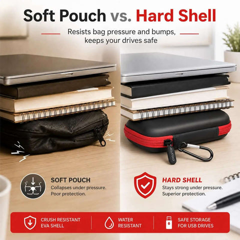 Rock Solid USB Stick Case And Thumb Drive Holder Clutch Tech Storage Pouch For SanDisk Kingston Drives Snug Fit shown in soft and hard shell comparison.