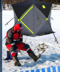Ice Anchor Drill Adapter Kit For Ice Fishing Shelters includes tent with straps, man fishing on ice next to multiple fish