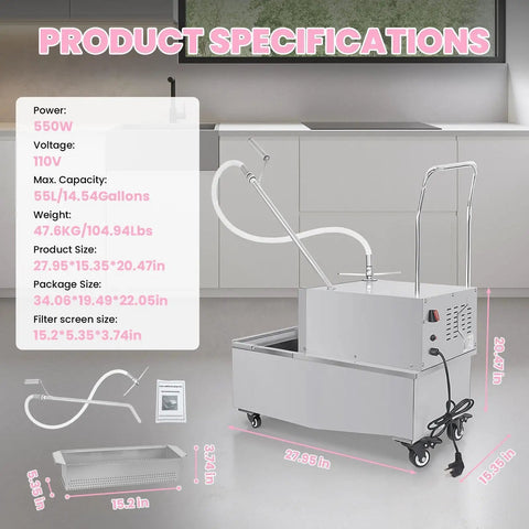 Heavy Duty 55L Commercial Fryer Oil Filter Machine Featuring High Speed 550W Motor And Durable Stainless Steel Build For Kitchen Deep Fryers, with specifications including size and capacity.