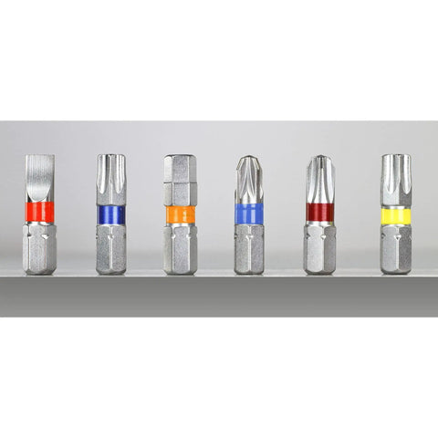 Color-coded bits from 32 Piece Screwdriver Bit Set With Compact Case And Belt Clip Includes PH1 PH2 PH3 Pozidriv Bits Heavy Duty