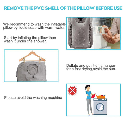 Instructions for washing Inflatable Travel Pillow With 3D Eye Mask And Earplugs, showing hanging to dry method