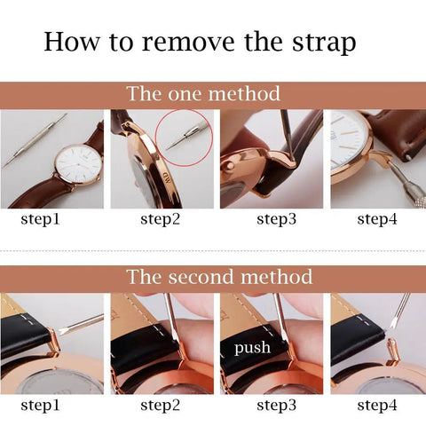 Pro Grade Watch Strap Spring Bar Tools Set, Three Piece Double Tip Pins in use for watch band removal, step-by-step guide