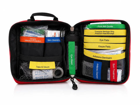 Open 164 Piece Outdoor Adventure First Aid Kit With Color Coded Supplies For Camping Hiking Road Trips And Car Survival Gear ANSI OSHA Compliant Emergency Medical Kit For Quick Access, displaying organized compartments.