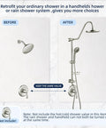 Comparison of shower setups before and after using Rain Shower System With Eight Inch Rain Head And Handheld, Pro Grade Five Function Shower Spray, Adjustable Slide Bar, 59 Inch Stainless Steel Hose, Chrome Finish.