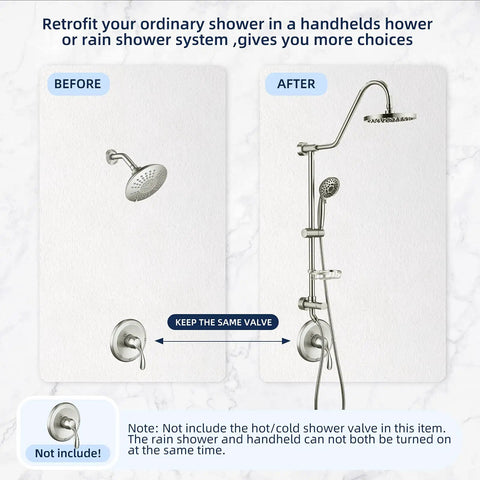 Comparison of shower setups before and after using Rain Shower System With Eight Inch Rain Head And Handheld, Pro Grade Five Function Shower Spray, Adjustable Slide Bar, 59 Inch Stainless Steel Hose, Chrome Finish.