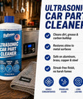 Heavy Duty Ultrasonic Carburetor And Engine Parts Cleaner Concentrate 32 Oz Bottle on a workbench for mechanics.