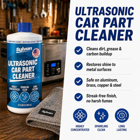 Heavy Duty Ultrasonic Carburetor And Engine Parts Cleaner Concentrate 32 Oz Bottle on a workbench for mechanics.