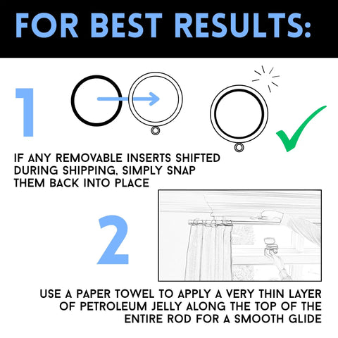 Guide showing steps to adjust Top Tier Premium Metal Curtain Rings With Quiet Smooth Removable Nylon Inserts for best use