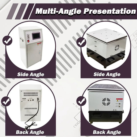 Built Tough Heavy Duty Vertical And Horizontal Vibration Test Bench That Gets The Job Done Simulates All Kinds Of Vibrations With Adjustable Frequency From 1 To 400 Hz For Superior Shock Resistance Evaluation 1.5KW 110V, side and back views